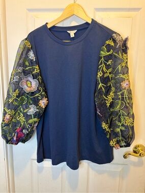 Cato Fresh Air Pitch Navy Top with Embroidered Floral Puffed Mesh Sleeves